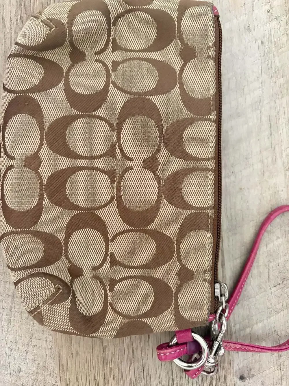 Coach Signature Brown and Pink Turnlock Wristlet